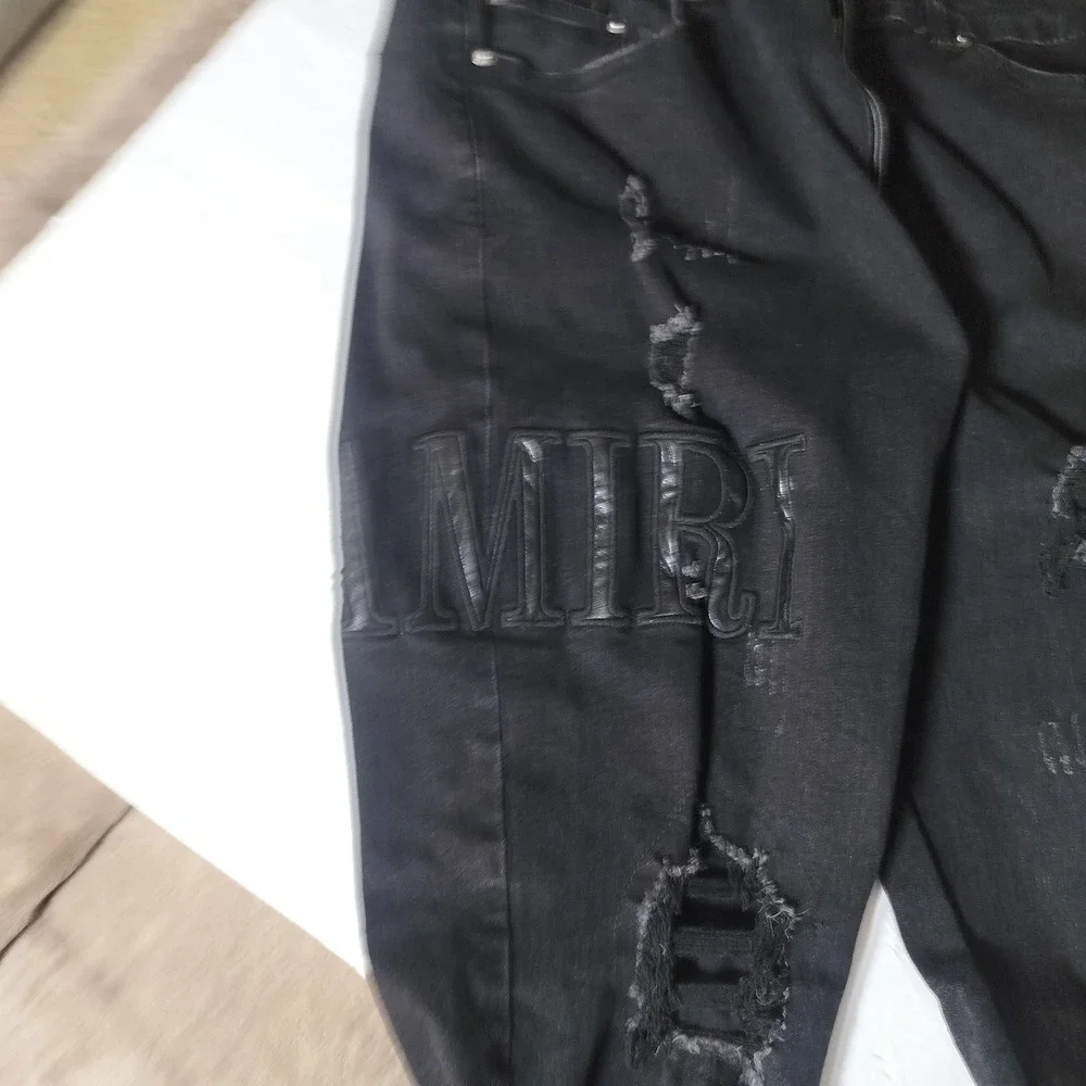 Amiri Mens Distressed Logo Denim Jeans Black Ripped Slim Fit‎ Streetwear 36x34